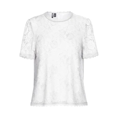 Image of PIECES Women&#039;s Pcolline Ss Lace Top Noos Bc T Shirt, Cloud Dancer, XS