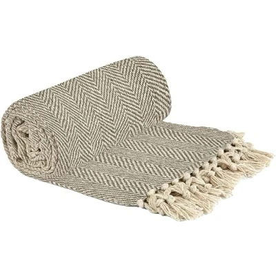 Image of Emma Barclay Herringbone Recycled Cotton Patterned Chair Sofa Setee Bed Throw Over Blanket in Natural 50x60 (127x152cm)