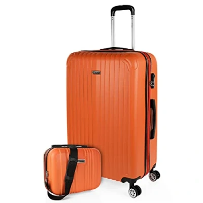 Image of ITACA Set Large Suitcase and Beauty Case. ABS. Rigid light. Telescopic handle, 2 handles 4 wheels. Combination padlock, Tangarine