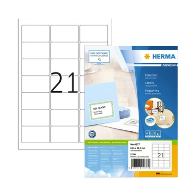 Image of HERMA Self Adhesive Address Labels, 21 Labels per A4 Sheet, 100 Sheets, 63.5 x 38.1 mm, 2100 Blank Mailing Stickers, Sticky for Laser &amp; Inkjet Printer, White