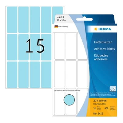 Image of HERMA Multi Purpose Labels, 15 Labels per Sheet, 32 Sheets, 20 x 50 mm, 480 Self Adhesive Small Stickers, Blank Sticky for Office Kitchen Home, Blue