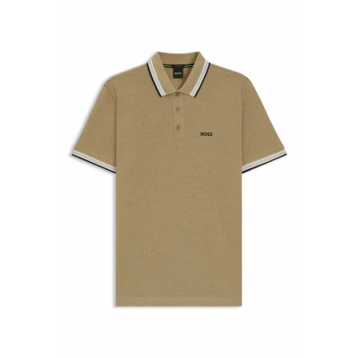 Image of BOSS Men&#039;s Paddy Cotton Pique Polo Shirt with Logo at Bottom of Collar, Medium Beige, XXL
