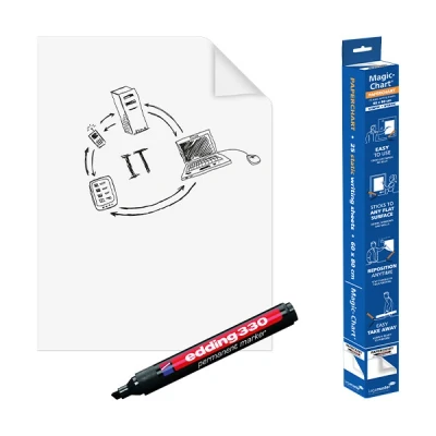 Image of Legamaster Magic Chart Paperchart foil static self adhesive white 80x60cm wipeable and rewritable incl. 1 board marker 25 sheets on a roll