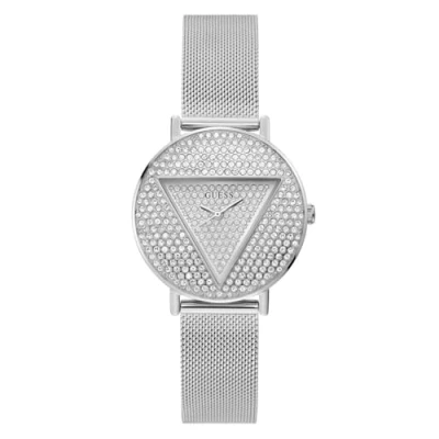 Image of GUESS US Women&#039;s Silver Tone Logo Analog Watch, Tone, Modern