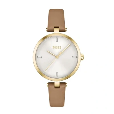 Image of BOSS Analogue Quartz Watch for Women with Camel Brown Leather strap 1502652, Silver White,