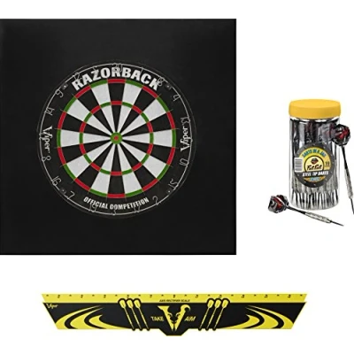 Image of Viper Defender II Backboard &amp; Sisal/Bristle Steel Tip Dartboard Bundle: Elite Set (Razorback Dartboard, Backboard, Edge Throw Line, 21pc Jar of Darts)