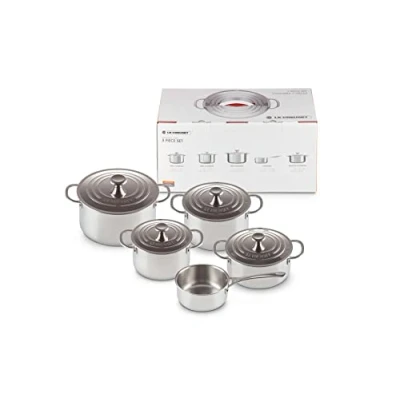Image of Le Creuset 5 piece Cookware set Signature stainless steel Induction 4 saucepans + sauce pan including lids Suitable for all Cooktops