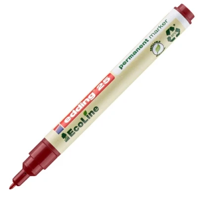 Image of edding 25 Ecoline permanent marker red box of 10 round tip 1 mm waterproof, quick drying, smear proof pens for cardboard, plastic, glass, wood, metal and fabric refillable