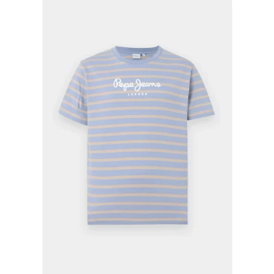 Image of Pepe Jeans Striped EGGO Print Tshirt, Men&#039;s, Size: Medium, Steel blue