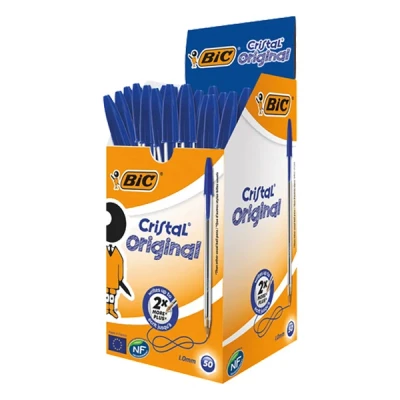 Image of BIC Cristal Original Ballpoint Pens, Medium Point (1.0 mm) Every Day Writing Pens with Clear Barrel, Blue, Box of 50