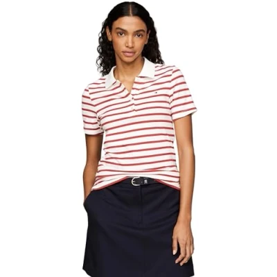 Image of Tommy Hilfiger 1985 SLIM Stripe Polo shirt, Women&#039;s, Size: XS, Breton ecru/terra red
