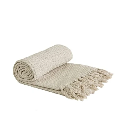 Image of Emma Barclay Honeycomb Recycled Cotton Plain Waffle Textured Chair Sofa Setee Throw Over Blanket in Ivory Cream 50x60 (127x152cm)