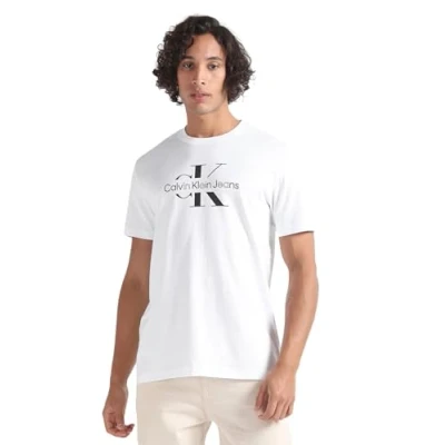 Image of Calvin Klein Jeans Disrupted Outline Monologo TEE Unisex Print Tshirt, Size: Medium, Bright white