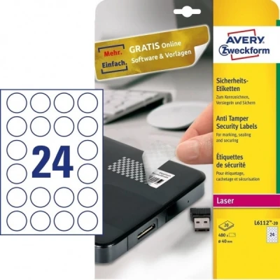 Image of Avery Zweckform L6112 20 Anti Tamper Security Labels Sheets / 480 Labels/Diameter 40 mm White
