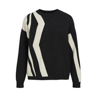 Image of Object Women&#039;s Objray Lo L/S Knit Pullover AOP Noos Jumper, Black/Pattern:sandshell Vertical Stripes, S