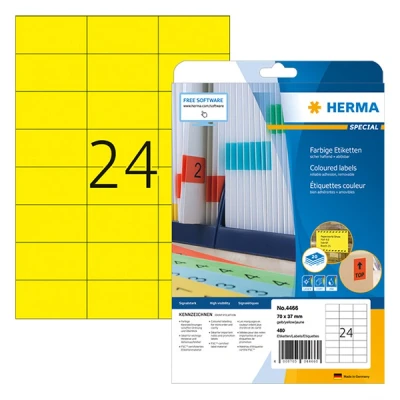 Image of HERMA 4466 Coloured Labels Yellow Removable 20 Sheets 70 x 37 mm 24 per A4 Sheet 480 Pieces Self Adhesive Printable Matt Blank Paper Colour Stickers