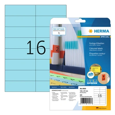 Image of HERMA Self Adhesive Coloured Labels, 16 Labels per A4 Sheet, 20 Sheets, 105 x 37 mm, 320 Blank Removable Colour Stickers, Sticky for Laser &amp; Inkjet Printer, Blue
