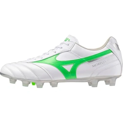 Image of Mizuno Morelia II PRO Moulded stud football boots, Men&#039;s, Size: 10.5, White/neon green/galaxy silver Leather/synthetics