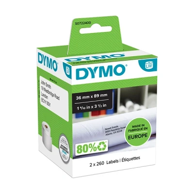 Image of Dymo labelwriter permanent adhesive address labels white paper 36x89 mm 520pcs S0722400