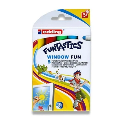 Image of edding 16 Window Marker for Kids Set of 5 Bright Colors Fun Painting on Glass,Windows,Mirrors Wet Cleanable, Wipe Off Fabrics, Non Toxic