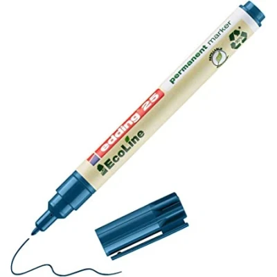 Image of edding 25 Ecoline permanent marker blue box of 10 round tip 1 mm waterproof, quick drying, smear proof pens for cardboard, plastic, glass, wood, metal and fabric refillable