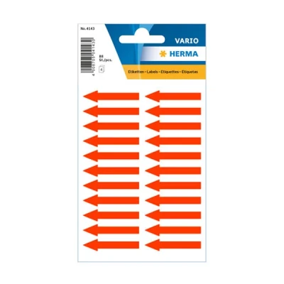Image of HERMA 4143 Arrow Shape Notice Labels (38 x 7 mm, 4 Sheets Matte Paper) Self Adhesive Permanent Text 88 Bright Red