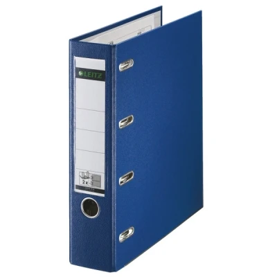 Image of Leitz 10120035 Plastic Double Lever Arch File with Two Mechanisms, Pack of 5, A4, Blue, 8.2 cm Spine Width, PP Laminated Cover, 2 x for A5 Landscape Format