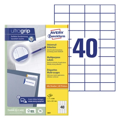 Image of Avery Zweckform 3651 Universal Labels 52.5 x 29.7 mm 100 Sheets White