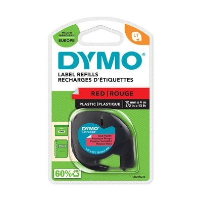 Image of DYMO LetraTag Plastic Labels, Authentic, 12 mm x 4 m Roll, Black Print on Red Self Adhesive Multipurpose Labels for Label Makers