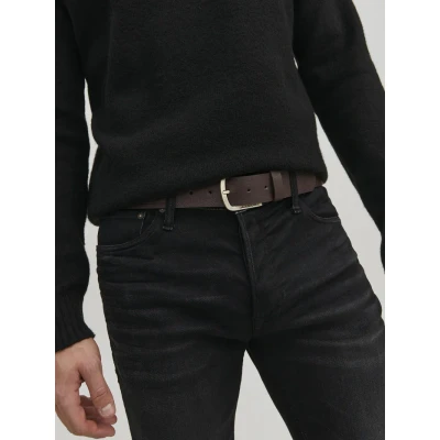 Image of JACK &amp; JONES Men&#039;s Leather Belt 2 Pack Set Faux Bundle with Metal Buckle JACHARRY, Dark Brown, 95