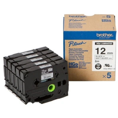 Image of Brother HGe M931V5 Labelling Tape Cassette, Value Pack, Black on Matt Silver, 12mm (W) x 8M (L), Laminated, Includes 5 Tapes, Genuine Supplies