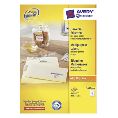 Image of Avery Zweckform 3653 200 Universal Labels 105x42.3 mm for Inkjet Laser Copy White