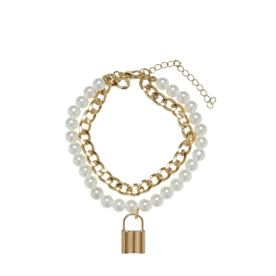Image of Urban Classics Unisex Padlock Pearl Layering Bracelet S/M Gold,