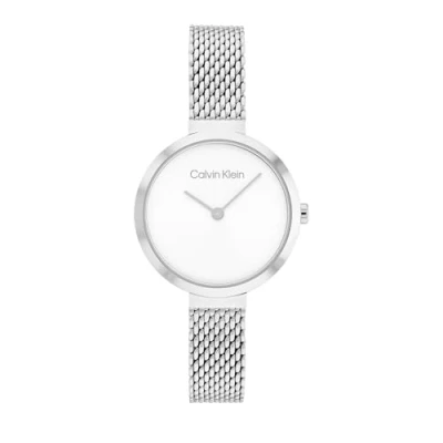 Image of Calvin Klein Analogue Quartz Watch for Women with Silver Stainless Steel Mesh bracelet 25200082, White,