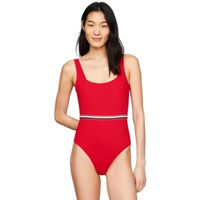 Image of Tommy Hilfiger Global Stripe Square NECK ONE Piece Swimsuit, Women&#039;s, Size: XS, Primary red