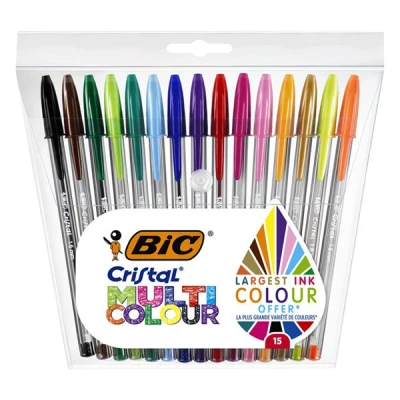 Image of BIC Cristal Multicolour Ballpoint Pens With Wide Tip (1.6mm) For Colourful Writing In Assorted Colours, Pack Of 15