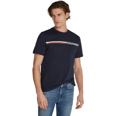 Image of Tommy Hilfiger Chest Stripe TEE Print Tshirt, Men&#039;s, Size: XS, Desert sky