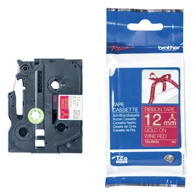 Image of Brother TZe RW34 Labelling Tape Cassette, Gold on Wine Red, 12mm (W) x 4M (L), Ribbon Tape, Genuine Supplies