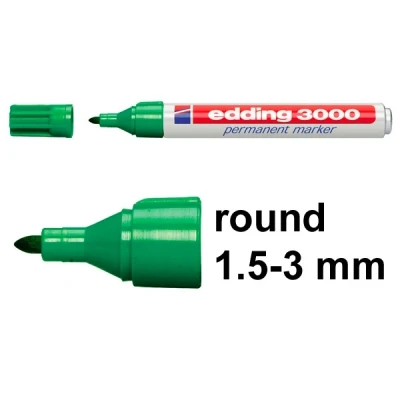 Image of edding 3000 permanent marker green box of 10 round tip 1.5 3 mm quick drying markers waterproof, smudge proof for cardboard, plastic, wood, metal, fabric pens