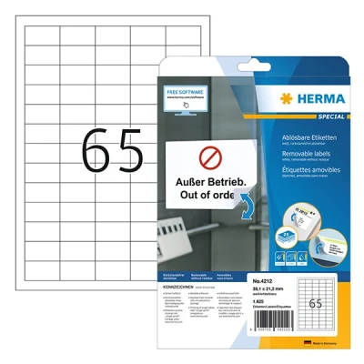 Image of HERMA Self Adhesive Removable Labels, 65 Labels per A4 Sheet, 25 Sheets, 38.1 x 21.2 mm, 1625 Blank Multipurpose Stickers, Sticky for Laser &amp; Inkjet Printer, White