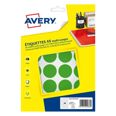 Image of AVERY Pack of 240 Green Self Adhesive Dots, Diameter 30 mm