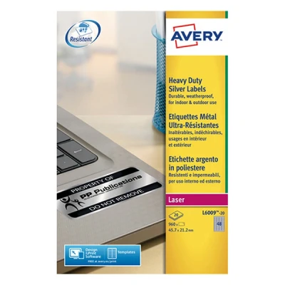 Image of Avery Resistant, Printable, Heavy Duty Labels, Customisable, 45.7 x 21.1 mm, Silver, 48 Labels per Sheet, 960 Pack (L6009 20)