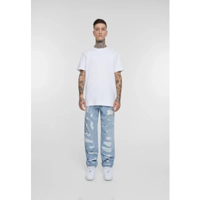 Image of Urban Classics heavy Ounce Straight FIT leg jeans, Men&#039;s, Size: 34, New light blue destroyed washed