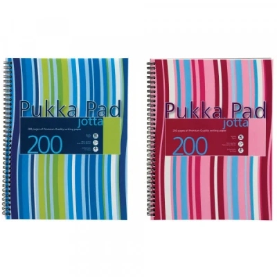Image of Pukka Pad, Striped Jotta Pad A4 Notebook 3 Pack with Twin Wire Binding 200 Pages of 80GSM Paper 8mm Lines and Perforated Edges Assorted Colours, 29.7 x 22.5 cm