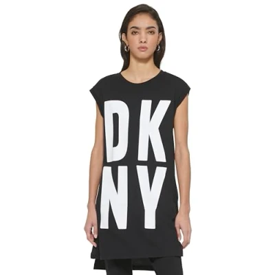 Image of DKNY Exploded LOGO Tunic Jersey dress, Women&#039;s, Size: Large, Black/white