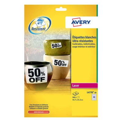 Image of AVERY Zweckform L4778 20 Weatherproof Film Labels (960 Adhesive Labels, 45.7 x 21.2 mm on A4, Extremely Strong Self Adhesive, Waterproof, Durable, Printable Outdoor Film), Sheets, White