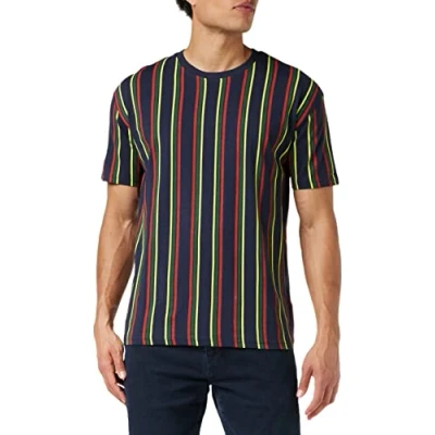 Image of Urban Classics Tshirt Printed Oversized Retro Stripe TEE Print Tshirt, Men&#039;s, Size: Medium, Midnightnavy/burnedred