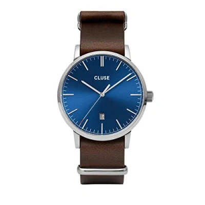 Image of Cluse CW0101501008 Men&#039;s Analogue Quartz Watch with Leather Strap, Blue/Brown, Strap.