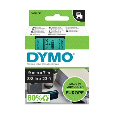 Image of DYMO Authentic D1 Labels Black Print on Green Tape 9 mm x 7 m Self Adhesive for LabelManager Label Makers Made in Europe