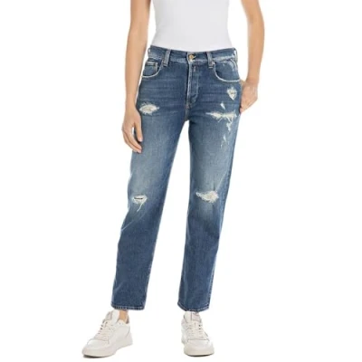Image of Replay Women&#039;s Maijke Straight Broken Edge Jeans, 009 Medium Blue, 26W / 32L